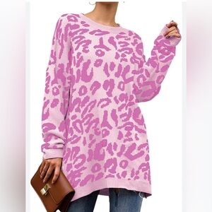 Pink Animal Print Crew Neck Long Sweater